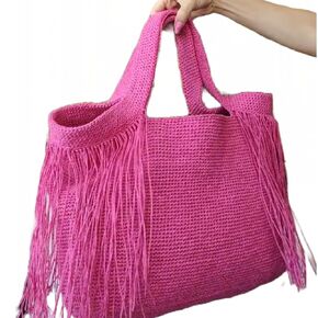 Crochet Tote Bag, Handwoven Paper Rope Tassels Summer Tote Bag, Straw Summer Bags for Women, Boho Bag Summer Tote Bag, Green Shoulderbag and Pink Tote (Green)