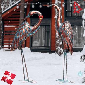 Kircust Garden Crane Statues, Standing Metal Patina Heron Decoy Outdoor Statue, 42-46 Inch Bird Yard Art for Patio Lawn Pond, Set of 2