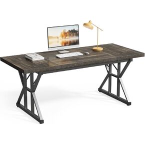 LITTLE TREE 70.8-Inch Large Executive Desk, Modern Computer Office Desk, Wooden Writing Desk Study Table for Home Office, Light Walnut-Black