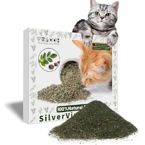 Cat Toys - Blend Silvervine Powder 45g with 5 Reusable Pouches, Catnip Alternative, 100% Natural Silver Vine Gall Fruit Powder & Silvervine Leaves, Suitable for All Cat Ages