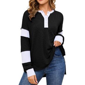 Oversized Long Sleeve Shirts For Women Color Block Button Henley Neck Tunic Tops Casual Loose Tshirts Outfits
