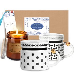 XXHEDD X-Large Capacity 12.8oz,Ceramic Coffee Mugs,Set of 2 with Handle,Set with Scented Candle,for Women/Men,Office,Home,Gift Set,Black and White.
