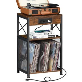 LELELINKY 3 Tier End Table, Side Table with Display Shelf, Black Vinyl Record Player Stand with Albums Storage, Industrial Sofa Bedside Table Night Stand for Living Room Bedroom Small Spaces