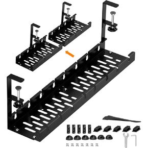 Under Desk Cable Management Tray, Extendable 11.2" to 21.6" Cable Management Under Desk Tray, No Drill Cable Tray Under Desk with Clamp for Home Office Standing Desk