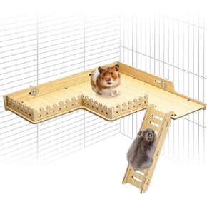 Fhiny Hamster Wooden Platform for Cage, 2-Tier Hanging Gerbil Climbing Platform with Ladder & Fence Hamster Activity Playground Habitat Decor Cage Accessories for Dwarf Hamster Gerbil Mice Rat Mouse