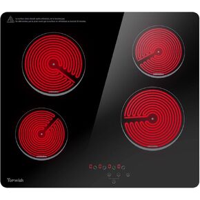 4 Burners Electric Cooktop, 24 Inch Countertop Burners, 6000W Built-in Electric Ceramic Cook top with Touch Control, Timer, Safety Lock, Radiant Electric Stove Top, 220-240v Hard-wired No Plug