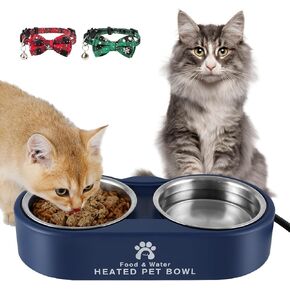 Heated Cat Bowl, Outdoor Heated Water Bowl for Pet with Waterproof Double Stainless Steel Food Bowl 46OZ, Water Bowl Prevents Freezing for Outdoor Animals,Cats, Dogs, Birds,Ducks,Chickens