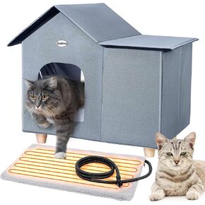 Heated Cat House for Outdoor Cats, Elevated Heated Outdoor Cat House with Thermostatic Pet Heating Pad, 2 Cat Heated House Feral Cat Shelter for Outdoor Cat, Outdoor Stray Cat(Olive Green)