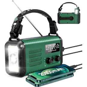 Emergency Hand Crank Weather Radio, 20000mAh AM/FM/NOAA Solar Powered Radio with Phone Charger, USB Charged, LED Flashlight Reading Lamp Headphone Jack, SOS Alarm, Compass for Emergency (Army Green)
