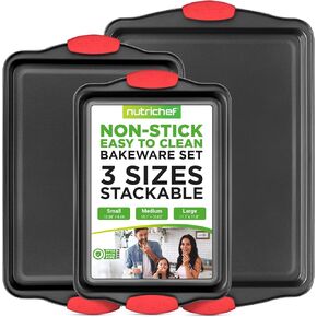 NutriChef Non-Stick Kitchen Oven Baking Pans-Deluxe & Stylish Nonstick Gray Coating Inside Outside, Commercial Grade Restaurant Quality Metal Bakeware with Red Silicone Handles NCSBS8S, 8 Piece Set