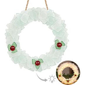 White Sea Glass Wreath with LED Lighted - Handmade 9 Inch Beach Wreath, Coastal Style Christmas Decor Wreaths for Home Decor, Door, Window, Kitchen Cabinet, Chair and Wall