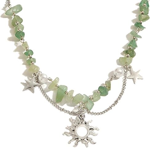 Natural Stone Healing Necklace Gothic Boho Star Sun Necklace for Women Crystal Beaded Choker Necklace Handmade Irregular Stone Bead Necklace Christmas Birthday Gifts (Green) in Kuwait