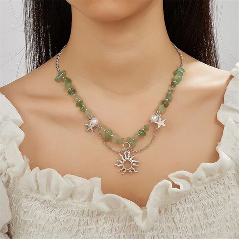 Natural Stone Healing Necklace Gothic Boho Star Sun Necklace for Women Crystal Beaded Choker Necklace Handmade Irregular Stone Bead Necklace Christmas Birthday Gifts (Green) in Kuwait
