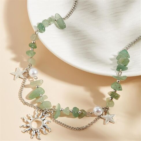 Natural Stone Healing Necklace Gothic Boho Star Sun Necklace for Women Crystal Beaded Choker Necklace Handmade Irregular Stone Bead Necklace Christmas Birthday Gifts (Green) in Kuwait