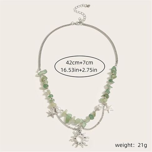 Natural Stone Healing Necklace Gothic Boho Star Sun Necklace for Women Crystal Beaded Choker Necklace Handmade Irregular Stone Bead Necklace Christmas Birthday Gifts (Green) in Kuwait