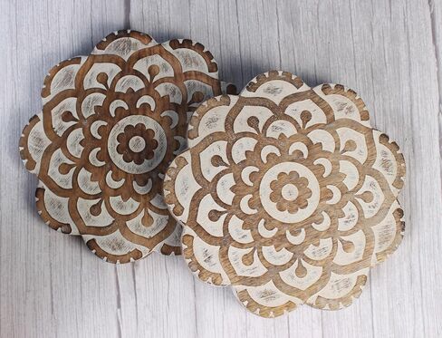 Wooden Set of 2 Square Trivet for Hot Dishes Plates & Pots Holder Hot Pad for Kitchen & Dining Table Décor Cookware Heat Resistant Rustic Decorative Carvings 8 Inches in Kuwait