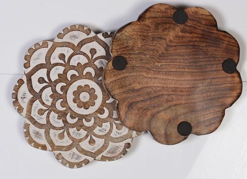 Wooden Set of 2 Square Trivet for Hot Dishes Plates & Pots Holder Hot Pad for Kitchen & Dining Table Décor Cookware Heat Resistant Rustic Decorative Carvings 8 Inches in Kuwait