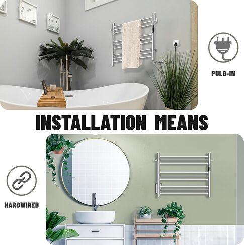 K&KALONZO Towel Warmer for Bathroom, Wall-Mounted 9-Bar Heated Towel Rack with Built-in Timer, Waterproof Electric Towel Heater, Support Plug-in and Hardwired, Polished, EL13L in Saudi Arabia