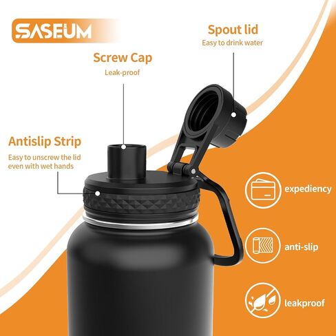 Kids Sport Water Bottle 18oz Stainless Steel Double Wall Vacuum Thermal Mug with Leak Proof Spout Lids, Wide Mouth Metal Insulated Water Jug for Gym and Travel,Black in Saudi Arabia