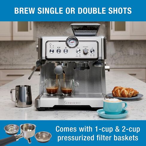 Kenmore Espresso Machine With Grinder Milk Frother 15 Bar Semi Automatic Espresso Coffee Maker Cappuccino Latte Home Barista Brushed Stainless Steel in Saudi Arabia