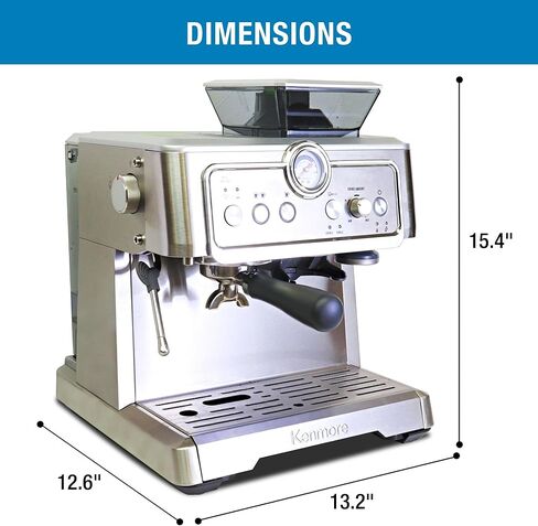 Kenmore Espresso Machine With Grinder Milk Frother 15 Bar Semi Automatic Espresso Coffee Maker Cappuccino Latte Home Barista Brushed Stainless Steel in Saudi Arabia