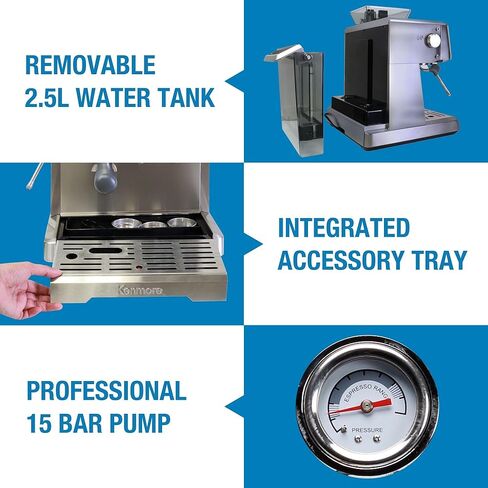 Kenmore Espresso Machine With Grinder Milk Frother 15 Bar Semi Automatic Espresso Coffee Maker Cappuccino Latte Home Barista Brushed Stainless Steel in Saudi Arabia