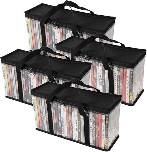 مجموعة من 4 أكياس تخزين DVD، وحدة تخزين وسائط PVC شفافة، حقيبة تنظيم الوسائط لأقراص DVD والأقراص المضغوطة وألعاب الفيديو وصندوق VHS وأقراص ألعاب الفيديو، مع مقابض حمل معززة (4، متوسط) in Kuwait