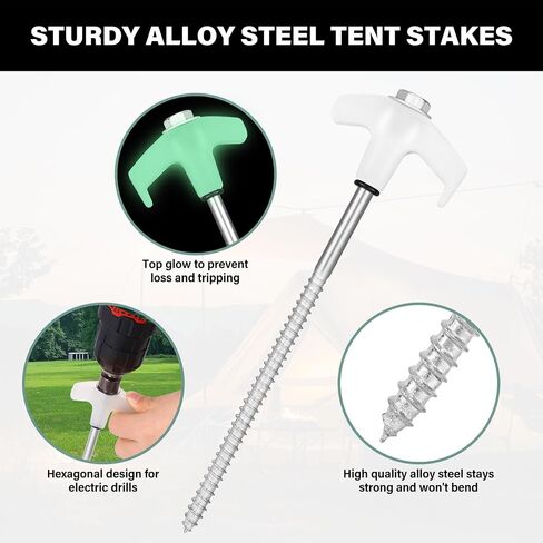 36 Tent Stakes Heavy Duty Metal Tent Stakes Screw in Camping Stakes with Luminous Head Ground Anchor Pegs Threaded Tent Spikes with Hex Head Driver and Storage Box in Saudi Arabia