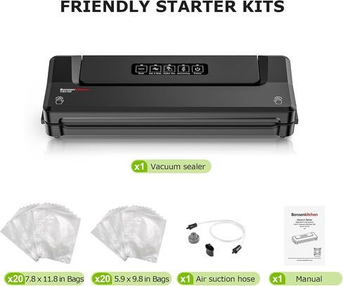 Bonsenkitchen Vacuum Sealer Machine Multi-Functional Food Sealer with 10 Vacuum Bags, Fast-Compact Design, External Vacuum System & Accessory Tube for Freshness Preservation in Saudi Arabia