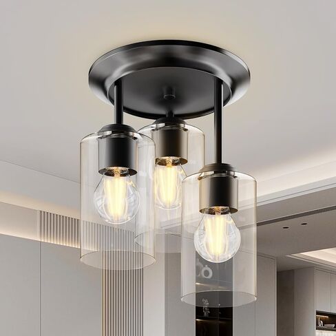 Kalium Gold Semi Flush Mount Ceiling Light, 3-Light Fixtures Ceiling Mount with Clear Glass Shades, Hallway Lighting Fixtures for Bedroom Kitchen E26 Socket (Bulb Not Included) in Kuwait