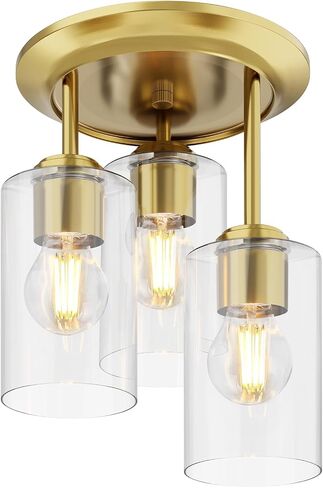 Kalium Gold Semi Flush Mount Ceiling Light, 3-Light Fixtures Ceiling Mount with Clear Glass Shades, Hallway Lighting Fixtures for Bedroom Kitchen E26 Socket (Bulb Not Included) in Kuwait