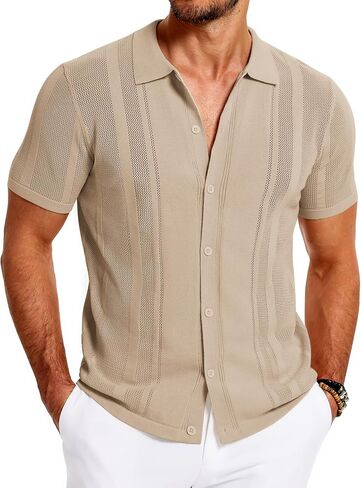 COOFANDY Men's Knit Shirts Short Sleeve Button Down Polo Shirt Vintage Casual Beach Shirt Summer Tops in Saudi Arabia