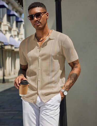 COOFANDY Men's Knit Shirts Short Sleeve Button Down Polo Shirt Vintage Casual Beach Shirt Summer Tops in Saudi Arabia