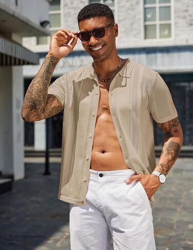COOFANDY Men's Knit Shirts Short Sleeve Button Down Polo Shirt Vintage Casual Beach Shirt Summer Tops in Saudi Arabia