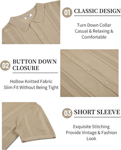 COOFANDY Men's Knit Shirts Short Sleeve Button Down Polo Shirt Vintage Casual Beach Shirt Summer Tops in Saudi Arabia