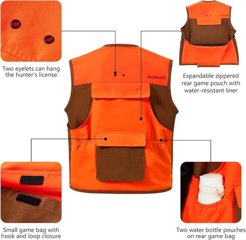 BASSDASH Multi Pockets Upland Field Bird Hunting Vest Blaze Orange Brown Water Resistant Rip Stop for Men Women in Saudi Arabia