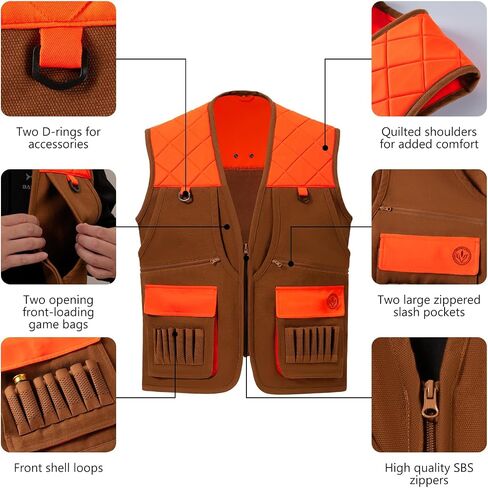 BASSDASH Multi Pockets Upland Field Bird Hunting Vest Blaze Orange Brown Water Resistant Rip Stop for Men Women in Saudi Arabia