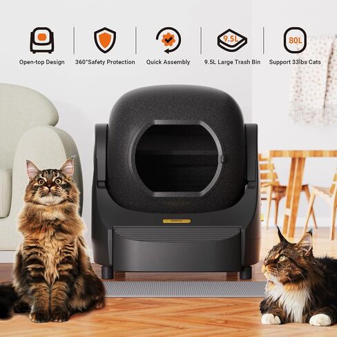 صندوق فضلات القطط ذاتي التنظيف، DVPETS 89.5 لتر صندوق فضلات القطط الأوتوماتيكي كبير للغاية مع حصيرة للقطط المتعددة، حماية سلامة متكاملة/تحكم في التطبيق متطور ذاتيًا/تحكم في الرائحة، صندوق فضلات ذكي أسود in Saudi Arabia