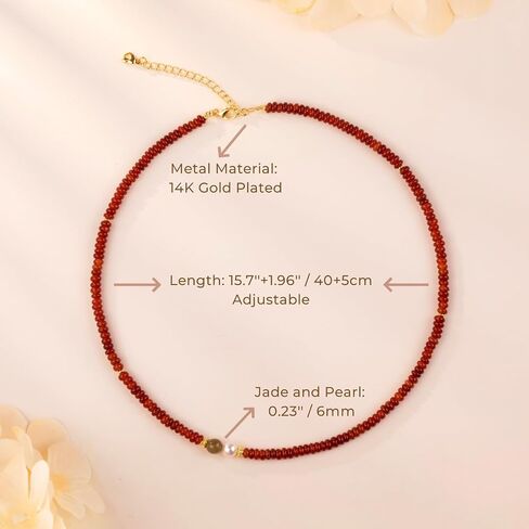 Natural Green Jade Necklace for Women Girl, Asymmetric Design Handmade Dainty Green Aventurine Jade Choker Beaded Necklace with Red Agate & Crystals Pearl (Adjustable Size 15.7+2'') in Kuwait