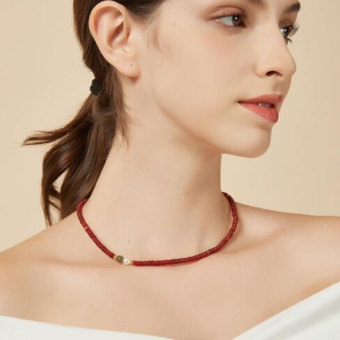Natural Green Jade Necklace for Women Girl, Asymmetric Design Handmade Dainty Green Aventurine Jade Choker Beaded Necklace with Red Agate & Crystals Pearl (Adjustable Size 15.7+2'') in Kuwait