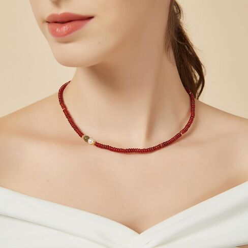 Natural Green Jade Necklace for Women Girl, Asymmetric Design Handmade Dainty Green Aventurine Jade Choker Beaded Necklace with Red Agate & Crystals Pearl (Adjustable Size 15.7+2'') in Kuwait