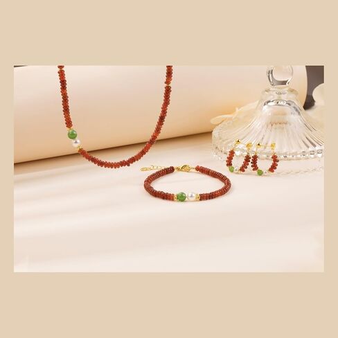 Natural Green Jade Necklace for Women Girl, Asymmetric Design Handmade Dainty Green Aventurine Jade Choker Beaded Necklace with Red Agate & Crystals Pearl (Adjustable Size 15.7+2'') in Kuwait