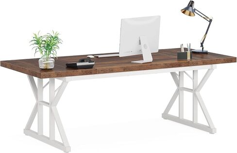 LITTLE TREE 70.8-Inch Large Executive Desk, Modern Computer Office Desk, Wooden Writing Desk Study Table for Home Office, Light Walnut-Black in Kuwait