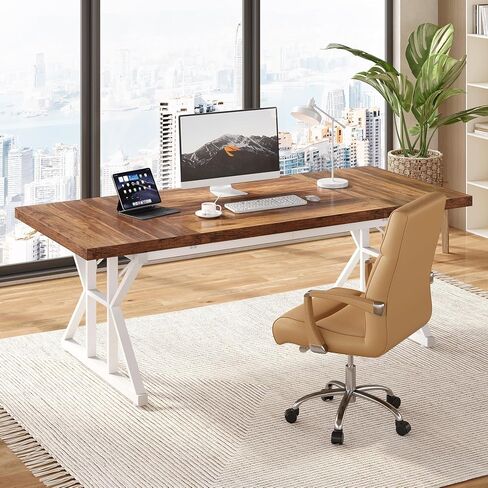 LITTLE TREE 70.8-Inch Large Executive Desk, Modern Computer Office Desk, Wooden Writing Desk Study Table for Home Office, Light Walnut-Black in Kuwait