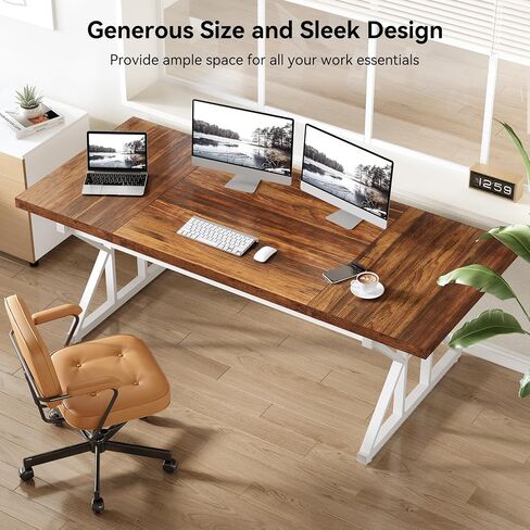 LITTLE TREE 70.8-Inch Large Executive Desk, Modern Computer Office Desk, Wooden Writing Desk Study Table for Home Office, Light Walnut-Black in Kuwait