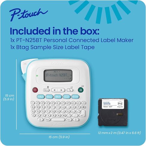 Brother P-Touch PT-N25BTV3 Personal Connected Label Maker, Bluetooth, Free Design&Print2 app, Portable, Handheld, 3 Sample Label Tapes Included, Prints on P-Touch Btag ~½" (12mm) Wide Tapes in Kuwait