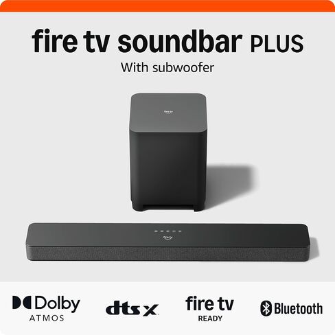 Introducing Amazon Fire TV Soundbar Plus, 3.1 channel, all-in-one design, Dolby Atmos, DTS:X, clear dialogue, 2024 release in Saudi Arabia