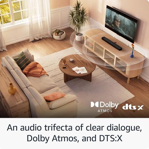 Introducing Amazon Fire TV Soundbar Plus, 3.1 channel, all-in-one design, Dolby Atmos, DTS:X, clear dialogue, 2024 release in Saudi Arabia