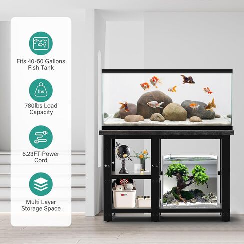 AQQA 40-50 Gallon Fish Tank Stand with 5 in 1 Power Outlets, 36x18 Inch Heavy Duty Metal Frame Aquarium Stand, Adjustable Storage Shelves, 720LBS Capacity Terrarium Stand, 3 Tiers Reptile Tank Stand in Kuwait