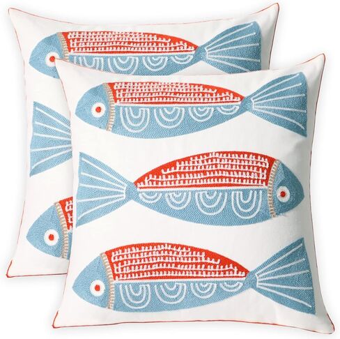 1 قطعة غطاء وسادة مطرز من القطن غطاء وسادة مربع مزخرف للمنزل أريكة سرير وكرسي 18 × 18 بوصة (سمكة حمراء) in Kuwait